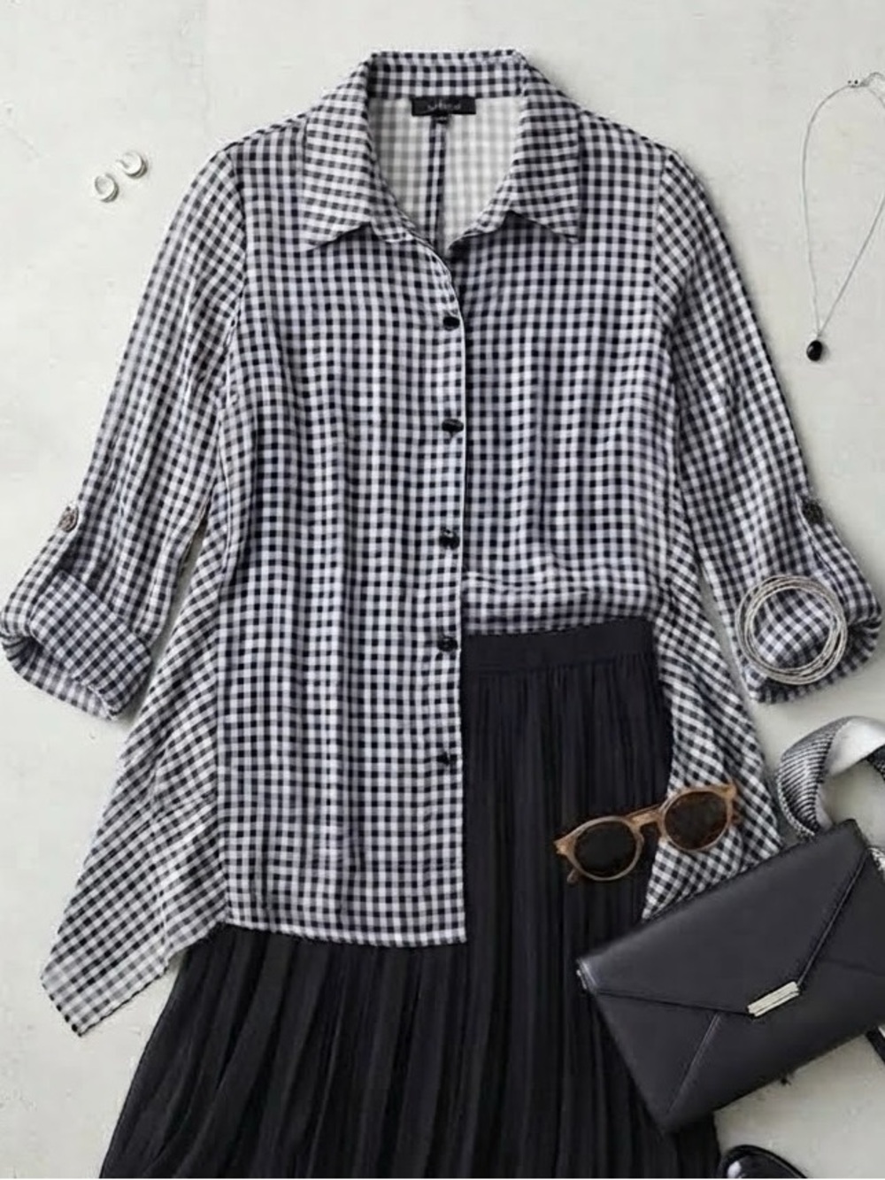 Yushi Gingham Asymmetric Tunic Shirt Button Back Lagenlook